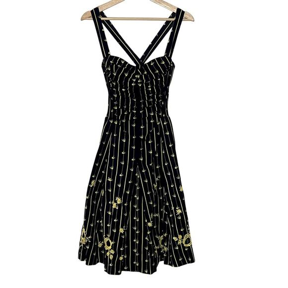 MOULINETTE  SOEURS  Ruched Martins Dress Black  Yellow Bird Embroidery Size 2‎ - Picture 1 of 13